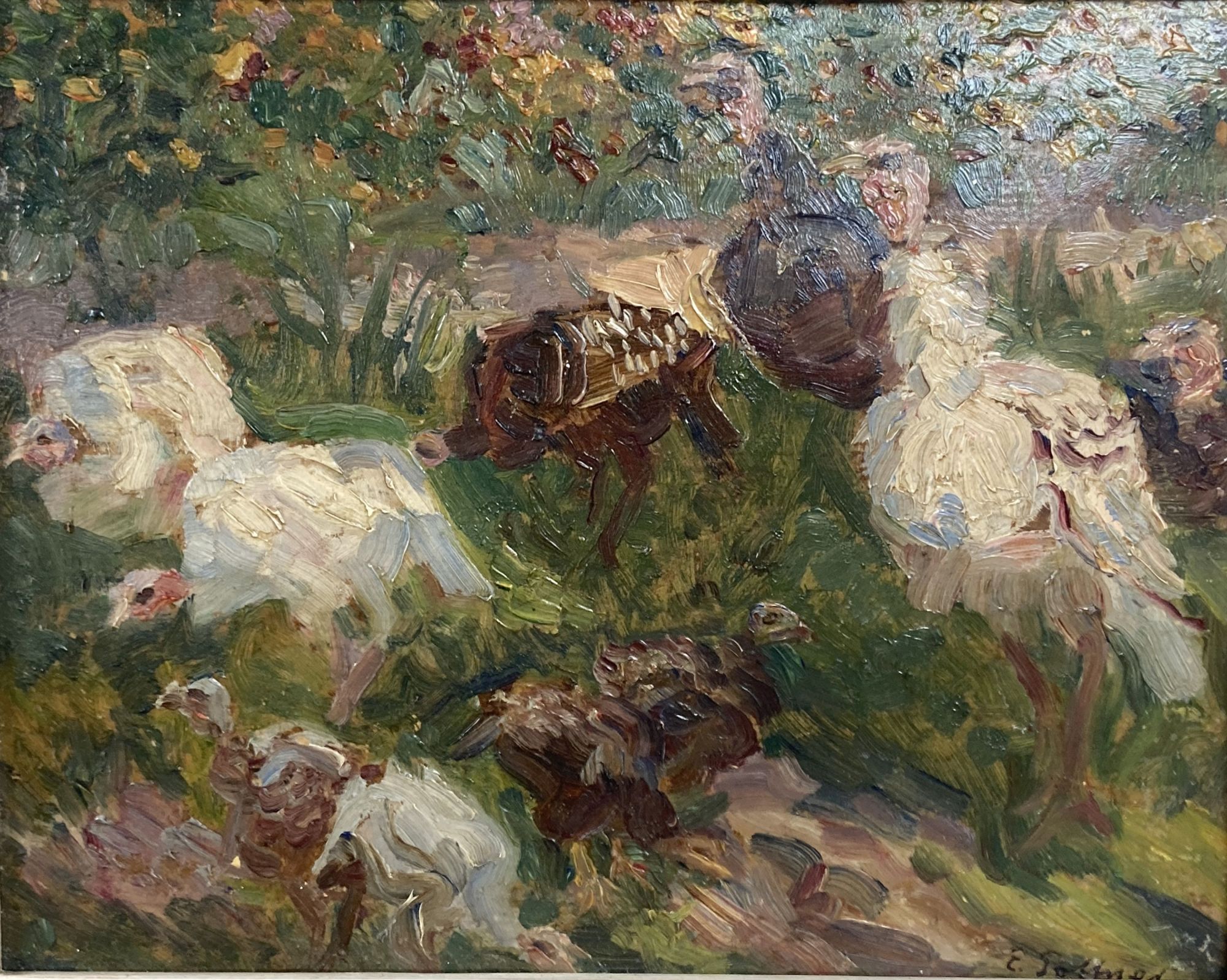 Emil Pottner (b.1872), oil on card, Study of turkeys, signed, 23 x 29cm